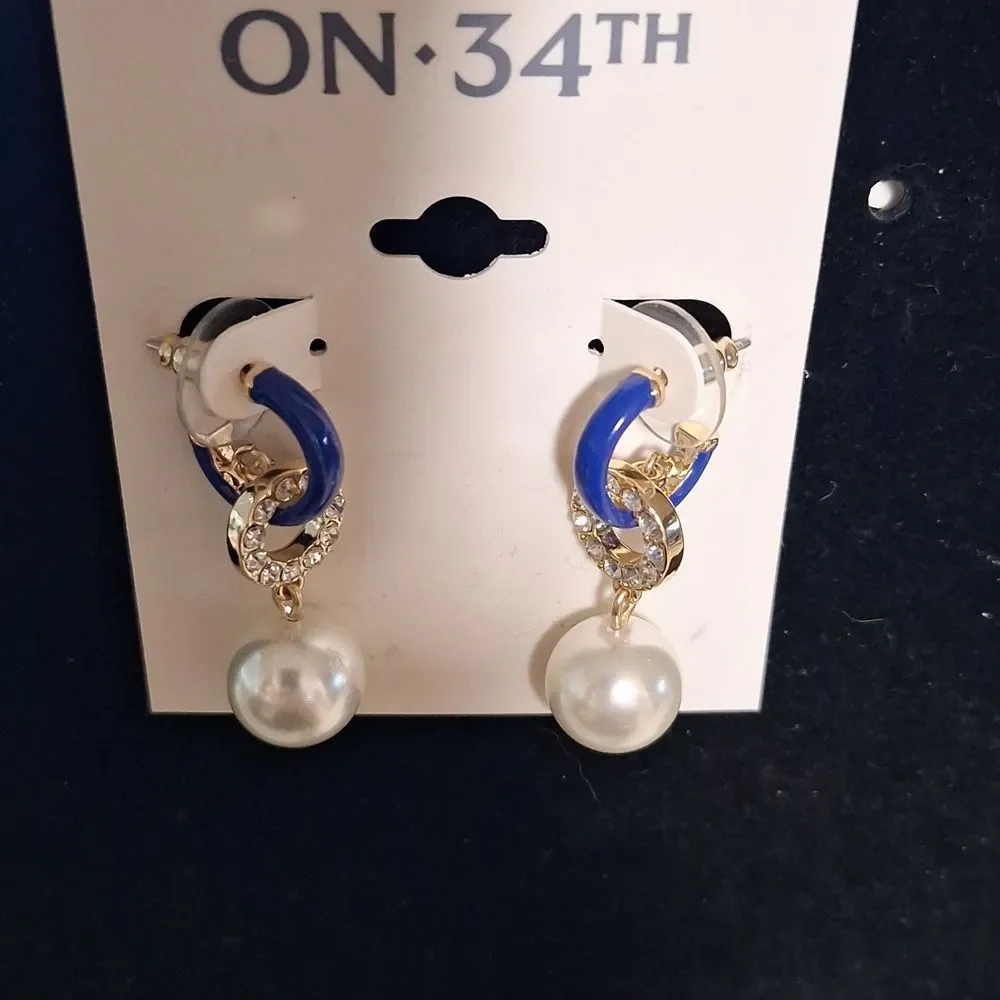 On 34th Gold-Tone Pave Blue Ring & Imitation Pearl Charm C-Hoop Earrings